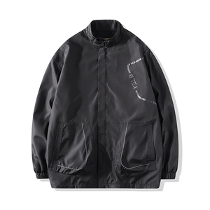Men's black windbreaker jacket with stand collar and white contrast stitching details