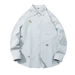 Light blue embroidered long sleeve casual shirt for men with rainbow and cloud patches