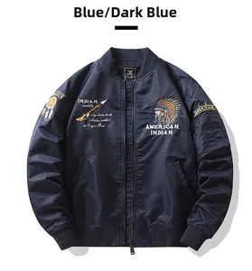 Detail of navy MA-1 bomber jacket featuring intricate American Indian embroidery