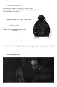Detail of polyester fabric and astronaut space print on men's black hooded jacket