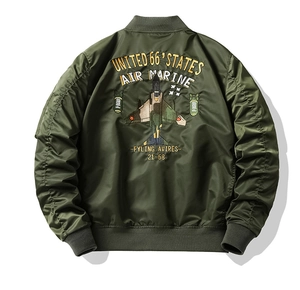 Detailed back embroidery of fighter jet and military text on green flight jacket