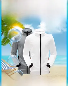 Detail of white and grey sun protection jackets with branded sleeve tape and stand collar