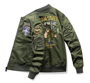 Detailed back view of olive green MA-1 flight jacket featuring large Marine aircraft embroidery