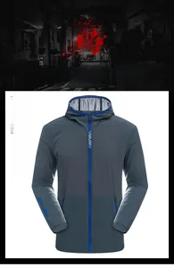 Detail of grey men's sun protection jacket with blue CARPE DIEM sleeve print