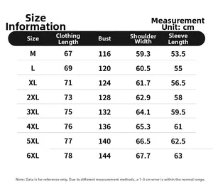Detailed size chart for men gradient jacket in cm, sizes M to 6XL with measurements
