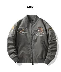 Detail view of American Indian embroidery on a grey bomber jacket with ribbed collar
