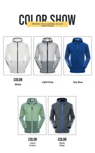 Detailed color show of lightweight hooded sun protection jackets in five various shades