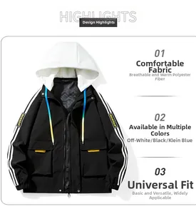 Close-up of black polyester jacket with gradient drawstrings and white stripe details