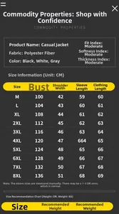 Tableau des tailles pour veste décontractée homme avec mesures de M à 8XL inclus