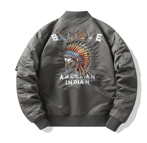 Detail of colorful embroidery and high-quality fabric on men's olive flight jacket
