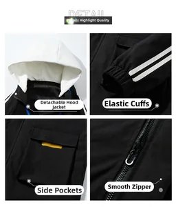 Detail view of detachable hood, elastic cuffs and large cargo pockets on men jacket