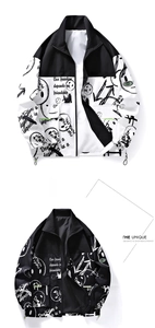 Détail de vestes imprimées graffiti en noir et blanc avec cordon de serrage réglable