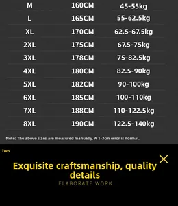 Guide des tailles détaillé pour veste solaire grande taille homme du M au 8XL