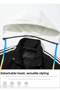 Detail of detachable hood with gradient drawstrings on men's black sports jacket