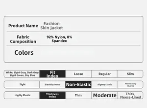 Size chart showing 92% nylon sun protection fabric details and color options for men