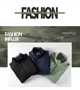 Detailed comparison of standing collar jackets in black, navy blue, and olive green colors