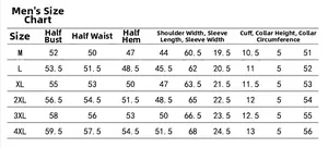 Detailed size chart for men's sun protection jacket with specific measurements from M to 4XL