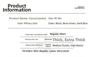 Detailed size chart and specifications for men's casual outdoor military style jacket