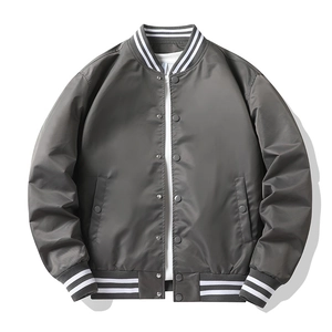 Men's dark grey nylon bomber jacket with striped ribbed collar and metal snap buttons