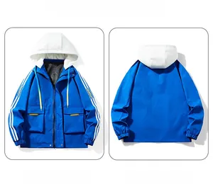 Close-up of Klein blue hooded jacket with white contrast sleeves and cargo pockets