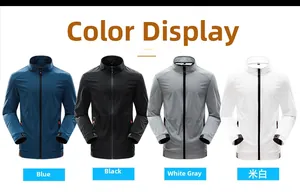 Detail view of four men's lightweight sun protection jackets in blue, black, gray, and cream