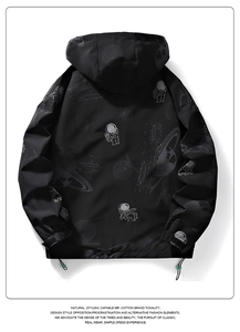 Detailed back view of a black hooded jacket featuring astronaut and galaxy space prints