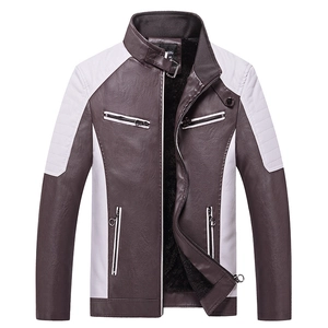 Men's slim-fit faux leather jacket with brown and white patchwork and plush lining