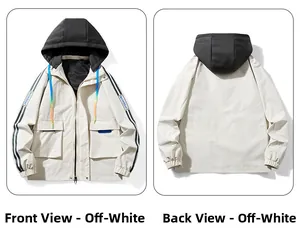 Front and back view of beige hooded jacket with rainbow drawstrings and pocket detail