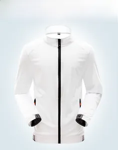 Detail of white sun protection jacket with black contrast zipper and orange accents