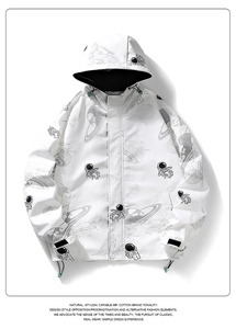 Detail of white hooded jacket with astronaut space print, adjustable cuffs and hem drawstrings