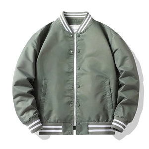 Men's sage green nylon bomber flight jacket with white striped ribbing and snap buttons