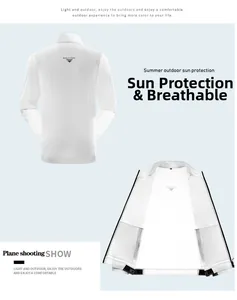 Detail view of white sun protection jacket with BUILT FREE logo and breathable vent holes