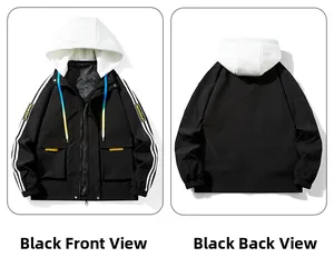 Front and back views of a black and white hooded jacket with yellow pocket accents