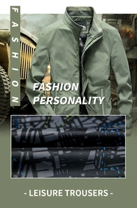 Detail of green casual jacket showing patterned lining and striped ribbed collar finish