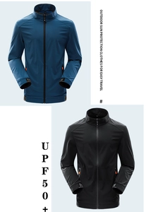 Detail of outdoor sun protection jacket with UPF 50+ rating and orange zipper accents