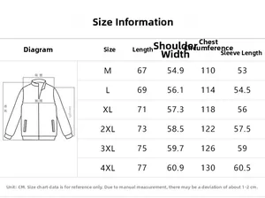 Detailed size guide for men's casual work jacket from M to 4XL with measurement chart