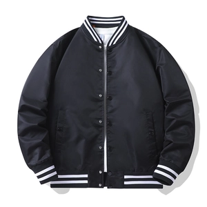 Classic black pilot bomber jacket with striped ribbed trims and snap button closure