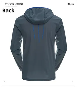 Detailed back view of men's lightweight sun protection jacket with blue reflective stripes