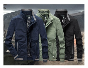 Close-up of casual stand-collar jackets in navy, green, and black with ribbed striped cuffs