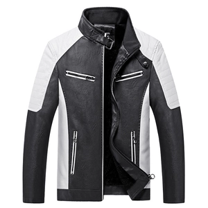 Men's slim fit PU leather jacket with black and white contrast patchwork and warm fleece lining