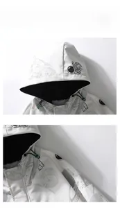 Detail of white hooded windbreaker with astronaut and space planet all-over print