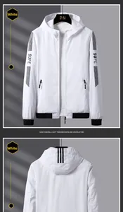 Détail d'une veste de protection solaire blanche avec rayures noires et imprimé manche