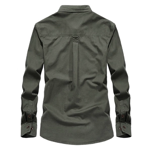 Men's olive green long sleeve military style cotton twill shirt with back box pleat detail