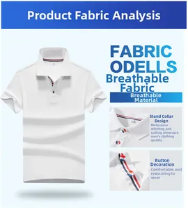 Detail of white men's polo shirt showing breathable fabric and stand collar with stripe trim