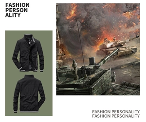 Front and back details of men's black stand-collar windbreaker jacket with grey stripes