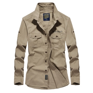 Men's khaki long sleeve outdoor tactical shirt with dual chest pockets and off-road logo