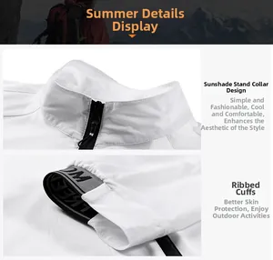 Detail of white sun protection jacket showing the stand collar and ribbed cuffs