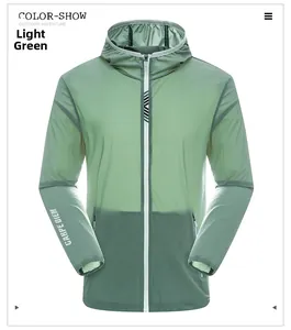 Detail of light green sun protection jacket with white zipper and Carpe Diem sleeve print