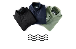 Detail of men's outdoor casual jackets in black, dark blue, and green textured fabric