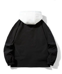 Rear view of men's hooded work jacket with black body and contrasting white hood